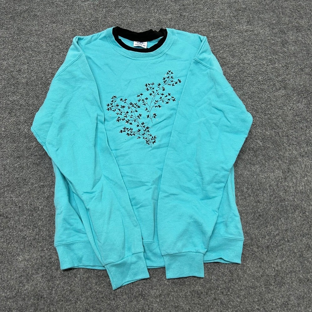 PFI Fashions Sweatshirt Womens Size M Turquoise Blue Floral Double Collar Casual